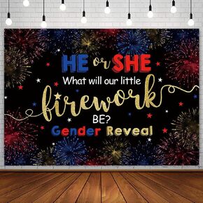 7x5ft 4th of July Gender Reveal Firework Backdrop Independence Day He or She Blue or Pink Boy or Girl Baby Shower Party Decorations Stars Firecracker Photography Background Photoshoot Props