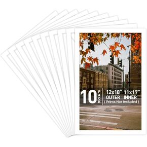 Golden State Art, 10 Pack Acid Free 12X18 White Picture Mats with White Core Bevel Cut for 11X17 Photos, Pictures, Prints