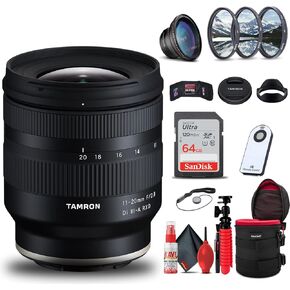 عدسة Tamron مقاس 11-20 ملم f/2.8 Di III-A RXD لسوني E (AFB060S-700) حزمة طراز Intl مع بطاقة SD سعة 64 جيجابايت + حافظة عدسة + جهاز تحكم لاسلكي + حامل ثلاثي + طقم مرشح مكون من 3 قطع + عدسة زاوية واسعة + مجموعة تنظيف العدسات in Kuwait