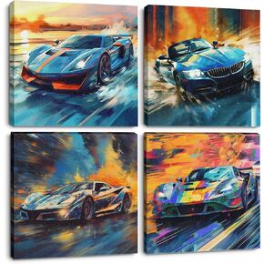 4PC Sports Car Canvas Wall Art Framed Colorful Supercar Painting Picture Racing Car Garage Wall Decor Black and White Themed Modern Canvas Prints for Boys Room Men Bedroom Office