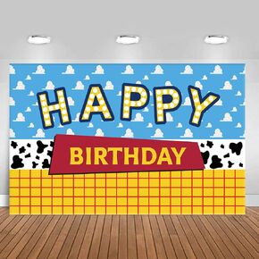 Cartoon Toy Inspired Story Birthday Backdrop Blue Sky White Clouds Boy Birthday Banner Kids Party Cake Table Decorations Background Photo Booth Prop（5X3FT）