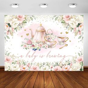 Avezano A Baby is Brewing Baby Shower Backdrop Tea Party Theme Girls Baby Shower Party Decorations Pink Floral Let's PAR Tea Photoshoot Background Banner (7x5ft)