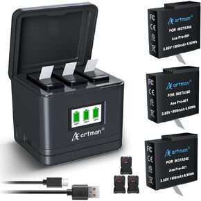 Artman 3 Pack 1800mAh Replacement Insta360 Ace Pro Battery with Triple Slot USB Fast Charger Hub Compatible with Insta360 Ace/Ace Pro Accessories Camera