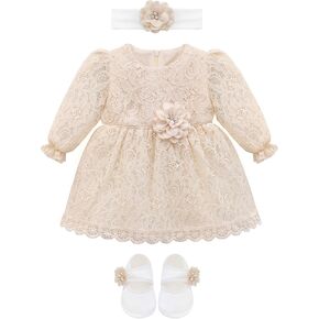 Lilax Baby Girls' Lace Floral Embroidered Dress with Matching Shoes Christening Baptism Dress