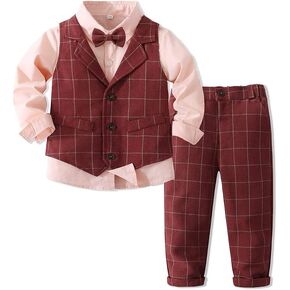 Abolai Baby Toddler' 4 PC Formal Tuxedo Outfits Set with Pink Shirt,Bowtie,Plaid Vest and Plaid Pant