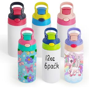 Kids Sublimation Tumbler Bulk,6 Pack 12oz Stainless Steel Sublimation Blank Sippy Cup,Double Wall Insulated Kids Tumbler with Handle,Spill Proof lid,for Water,Drinks