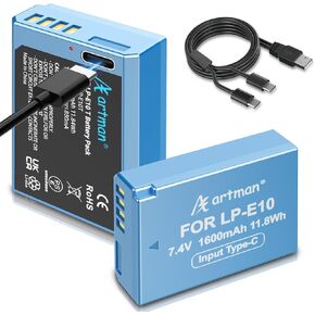 Artman 2-Pack LP-E10 Battery 1600mAh with USB-C Two-Ended Cable Charging for Canon EOS Rebel T7 T6 T5 T3 T100 Kiss X50 Kiss X70 EOS 1100D 1200D 1300D 2000D 3000D 4000D Digital Cameras