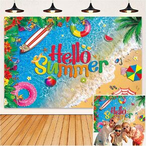 HEARKEN 150x90cm Hello Summer Beach Ocean Backdrop Tropical Sea Coastal Flower Hawaiian Palm Trees Pool Party Surfboard Swimming Background Baby Shower Summer Party Photo Banner