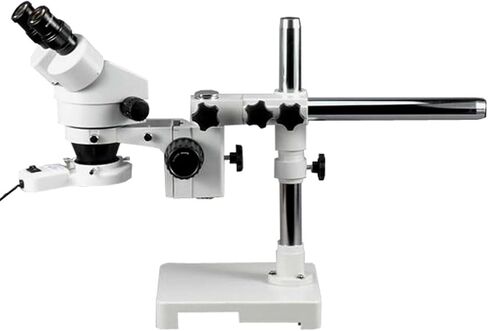 AmScope SM-3B-FRL Professional Binocular Stereo Zoom Microscope, WH10x Eyepieces, 7X-45X Magnification, 0.7X-4.5X Zoom Objective, 8W Fluorescent Ring Light, Single-Arm Boom Stand, 110V-120V in Saudi Arabia