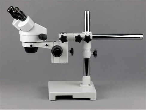 AmScope SM-3B-FRL Professional Binocular Stereo Zoom Microscope, WH10x Eyepieces, 7X-45X Magnification, 0.7X-4.5X Zoom Objective, 8W Fluorescent Ring Light, Single-Arm Boom Stand, 110V-120V in Saudi Arabia