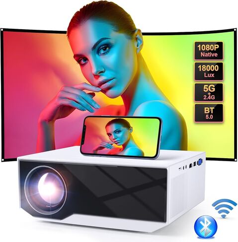 جهاز عرض مزود بواي فاي وبلوتوث، جهاز عرض صغير أصلي 1080 بكسل 18000 لومن، جهاز عرض فيديو محمول متوافق مع iOS/Android/TV Stick/PS4/HDMI/PPT/USB (أبيض) in Kuwait