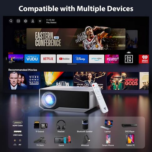 جهاز عرض مزود بواي فاي وبلوتوث، جهاز عرض صغير أصلي 1080 بكسل 18000 لومن، جهاز عرض فيديو محمول متوافق مع iOS/Android/TV Stick/PS4/HDMI/PPT/USB (أبيض) in Kuwait