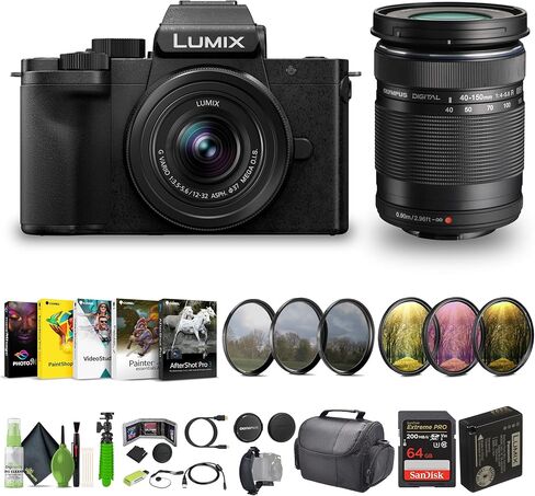 Panasonic Lumix G100D 4K Mirrorless Vlogging Camera, 5-Axis Hybrid I.S, YouTube Vlogger Kit Bundle with 12-32mm Lens + M.Zuiko Digital ED 40-150mm f/4-5.6 R Lens Micro Four Thirds + Vlog Accessories in Saudi Arabia
