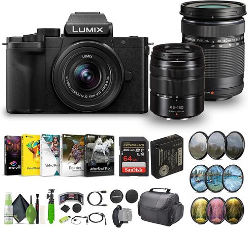 كاميرا باناسونيك لوميكس G100D 4K بدون مرآة، مجموعة أدوات مدون فيديو يوتيوب مع عدسة 12-32 ملم وG Vario 45-150 ملم + M.Zuiko Digital ED 40-150 ملم f/4-5.6 R عدسة مايكرو أربعة ثلث + ملحقات مدونة الفيديو in Saudi Arabia