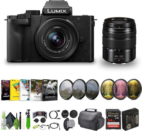كاميرا باناسونيك لوميكس G100D 4K بدون مرآة للفيديو والتصوير الفوتوغرافي بعدسة 12-32 مم، 20.3 ميجابكسل ميكرو أربعة أرباع، حزمة أدوات مدون فيديو يوتيوب مع عدسة G Vario 45-150 مم f/4-5.6 + ملحقات مدونة الفيديو in Saudi Arabia