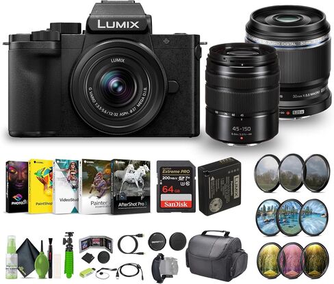 Panasonic Lumix G100D 4K Mirrorless Vlogging Camera, YouTube Vlogger Kit Bundle with 12-32mm Lens and G Vario 45-150mm + M.Zuiko Digital ED 30mm f/3.5 Macro Lens Micro Four Thirds + Vlog Accessories in Saudi Arabia