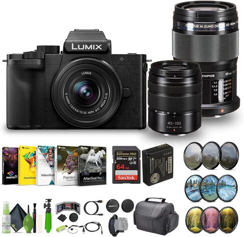 Panasonic Lumix G100D 4K Mirrorless Vlogging Camera, YouTube Vlogger Kit Bundle with M.Zuiko Digital ED 60mm f/2.8 Macro Lens Micro Four Thirds + 12-32mm + G Vario 45-150mm Lenses + Vlog Accessories in Saudi Arabia