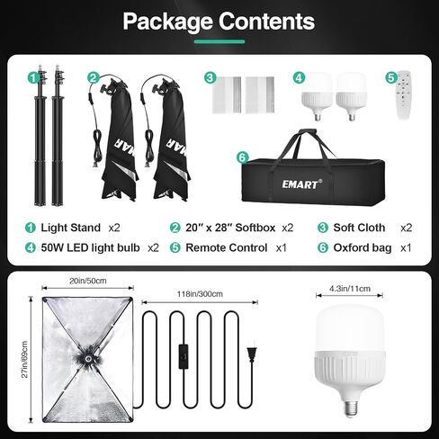مجموعة إضاءة Softbox الاحترافية من EMART، صندوق ناعم للسحب مقاس 20 بوصة × 28 بوصة | لمبة LED بقدرة 50 وات 3000K-6000K مع جهاز تحكم عن بعد/التطبيق، مجموعة إضاءة التصوير الفوتوغرافي Softbox لأضواء الاستوديو، والصور الشخصية، وتسجيل الفيديو (عبوتان) in Saudi Arabia