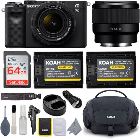 مجموعة كاميرا Sony Alpha a7C صغيرة الحجم بدون مرآة كاملة الإطار (أسود) مع عدسة وبطارية قابلة لإعادة الشحن وشاحن مزدوج، وحقيبة أدوات مع مجموعة ملحقات وتنظيف، وبطاقة ذاكرة 64 جيجابايت (5 قطع) in Saudi Arabia