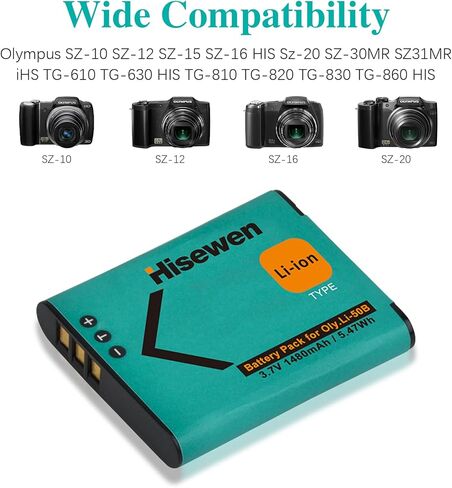 Hisewen 2 حزمة بطارية وشاحن LI-50B Li50b لأوليمبوس SZ-10 SZ-12 SZ-15 SZ-16 HIS SZ-20 SZ-30MR SZ31MR iHS TG-610 TG-630 HIS TG-810 TG-820 TG-830 TG -860 له in Kuwait