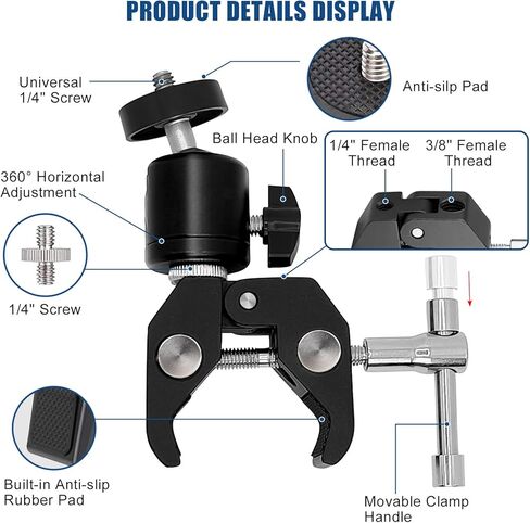 حامل بمشبك فائق 360 درجة برأس كروي للكاميرا مع 1/4 بوصة و3/8 بوصة مشبك تصوير فوتوغرافي على شكل سرطان البحر مشبك تثبيت لكاميرا الحركة متوافق مع Gopro Insta360 DJI DSLR للهاتف والدراجة النارية ومشبك تثبيت in Kuwait