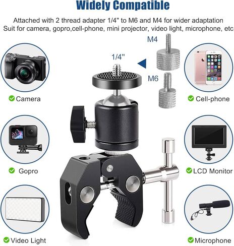 حامل بمشبك فائق 360 درجة برأس كروي للكاميرا مع 1/4 بوصة و3/8 بوصة مشبك تصوير فوتوغرافي على شكل سرطان البحر مشبك تثبيت لكاميرا الحركة متوافق مع Gopro Insta360 DJI DSLR للهاتف والدراجة النارية ومشبك تثبيت in Kuwait