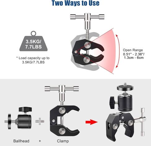 حامل بمشبك فائق 360 درجة برأس كروي للكاميرا مع 1/4 بوصة و3/8 بوصة مشبك تصوير فوتوغرافي على شكل سرطان البحر مشبك تثبيت لكاميرا الحركة متوافق مع Gopro Insta360 DJI DSLR للهاتف والدراجة النارية ومشبك تثبيت in Kuwait