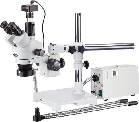 AmScope SM-3TZ-FODR-10M مجهر تكبير ستيريو رقمي احترافي ثلاثي العينيات، عدسات WH10x، تكبير 3.5X-90X، هدف تكبير 0.7X-4.5X، ألياف بصرية مزدوجة معقوفة وإضاءة حلقية، حامل ذراع واحد، 110 فولت - 120 فولت ، يتضمن 0.5X و2.0X Barlow L in Saudi Arabia