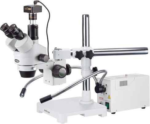 AmScope SM-3TZ-FODR-10M مجهر تكبير ستيريو رقمي احترافي ثلاثي العينيات، عدسات WH10x، تكبير 3.5X-90X، هدف تكبير 0.7X-4.5X، ألياف بصرية مزدوجة معقوفة وإضاءة حلقية، حامل ذراع واحد، 110 فولت - 120 فولت ، يتضمن 0.5X و2.0X Barlow L in Saudi Arabia