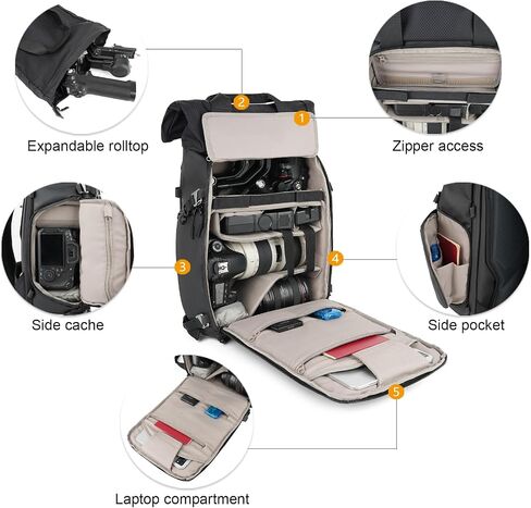 Besnfoto Camera Backpack, Waterproof Travel Camera Bag for Photographer Expandable Roll Top Photography Case for DSLR SLR Mirrorless Camera Fit up to 15.6 inch Laptop with Rain Cover in Saudi Arabia