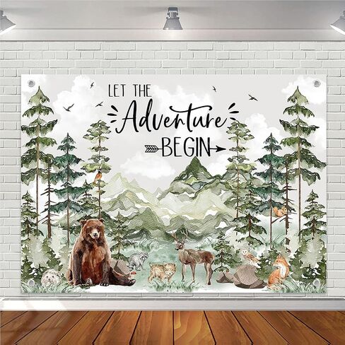 خلفية استحمام الطفل من Avezano Woodland، حيوانات الغابة، ديكورات حمام الطفل، مغامرة الغابات والجبال البرية، خلفية التصوير الفوتوغرافي دع المغامرة تبدأ لافتة (7 × 5 أقدام، أخضر) in Saudi Arabia