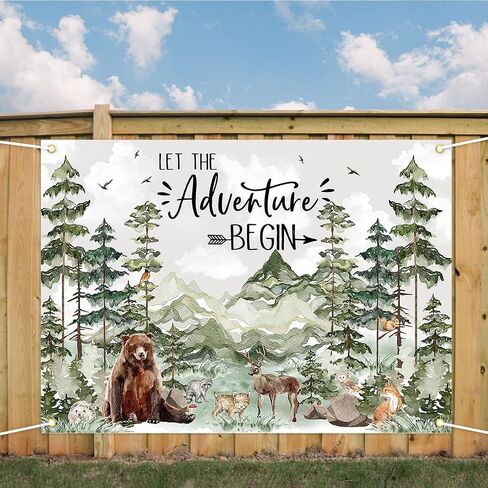 خلفية استحمام الطفل من Avezano Woodland، حيوانات الغابة، ديكورات حمام الطفل، مغامرة الغابات والجبال البرية، خلفية التصوير الفوتوغرافي دع المغامرة تبدأ لافتة (7 × 5 أقدام، أخضر) in Saudi Arabia