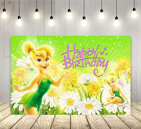 خلفية تينكربيل لمستلزمات حفلات أعياد الميلاد مقاس 5 × 3 أقدام خلفية صورة خرافية لموضوع تينكر بيل وديكورات طاولات الكيك وحفلات استقبال المولود الجديد، باللون الأخضر in Kuwait