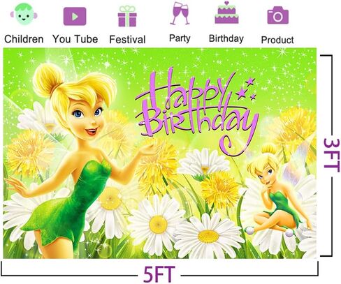 خلفية تينكربيل لمستلزمات حفلات أعياد الميلاد مقاس 5 × 3 أقدام خلفية صورة خرافية لموضوع تينكر بيل وديكورات طاولات الكيك وحفلات استقبال المولود الجديد، باللون الأخضر in Kuwait