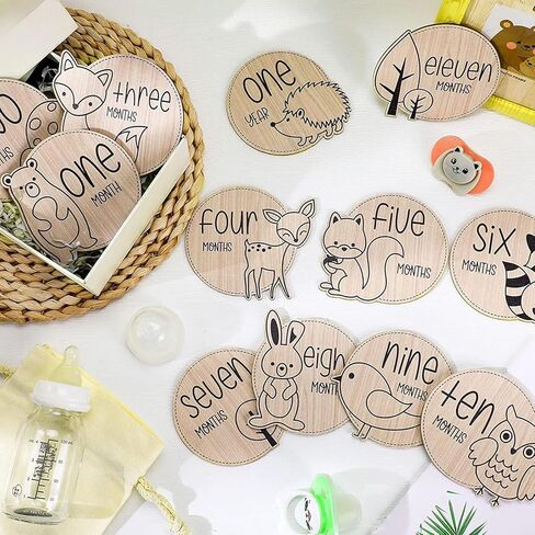 بطاقات المعالم الشهرية للطفل، أقراص خشبية لدعم الصور، دعامات تصوير لحديثي الولادة لتوثيق نمو طفلك، علامة إعلان الطفل، 12 بطاقة قابلة للعكس للحمل وحفلة استقبال الطفل in Kuwait
