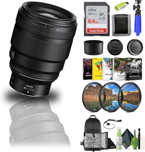 Nikon - NIKKOR Z 85mm f/1.2 S Standard Lens for Z Series Mirrorless Cameras (20114) + 64GB Memory Card + Filter Kit + BackPack + Card Reader + Corel Photo Software + Flex Tripod + More (Renewed) in Saudi Arabia