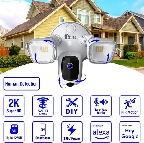 كاميرا مراقبة Elder Floodlight 2K+ خارجية 64 جيجابايت، كاميرا منزلية ذكية رؤية ليلية ملونة، صفارة إنذار PIR للحركة البشرية ومحادثة ثنائية الاتجاه، متوافقة مع Alexa وHey Google in Kuwait