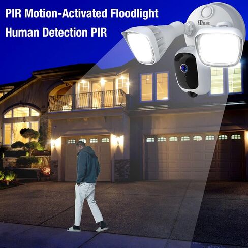كاميرا مراقبة Elder Floodlight 2K+ خارجية 64 جيجابايت، كاميرا منزلية ذكية رؤية ليلية ملونة، صفارة إنذار PIR للحركة البشرية ومحادثة ثنائية الاتجاه، متوافقة مع Alexa وHey Google in Kuwait