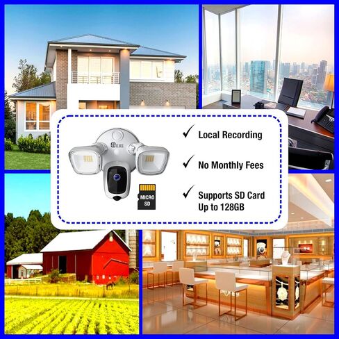 كاميرا مراقبة Elder Floodlight 2K+ خارجية 64 جيجابايت، كاميرا منزلية ذكية رؤية ليلية ملونة، صفارة إنذار PIR للحركة البشرية ومحادثة ثنائية الاتجاه، متوافقة مع Alexa وHey Google in Kuwait