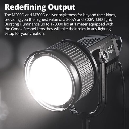 Godox M300D LED Video Light, KNOWLED Vdier Light, MAX 330W 5600K 100000LUX CRI 96+ TLCI 97+, Built-in 12 FX Effects for Film, Portrait, Wedding, Outdoor Shooting, YouTube Videos in Saudi Arabia
