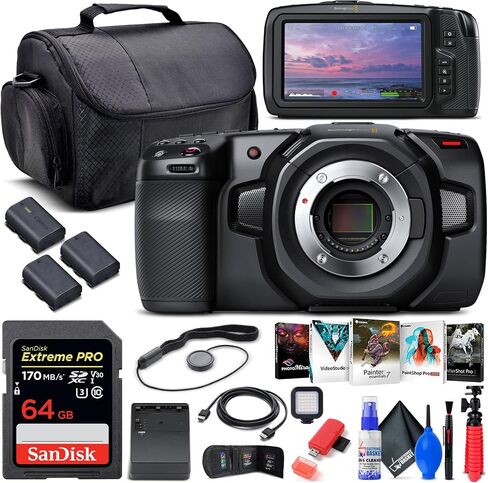 كاميرا سينما الجيب بتصميم Blackmagic بدقة 4K (CINECAMPOCHDMFT4K) + بطاقة ذاكرة سعة 64 جيجابايت + 2 بطارية LPE6 + شاحن خارجي + قارئ بطاقات + ضوء LED + برنامج Corel للصور + حافظة + حامل ثلاثي القوائم مرن + المزيد in Saudi Arabia