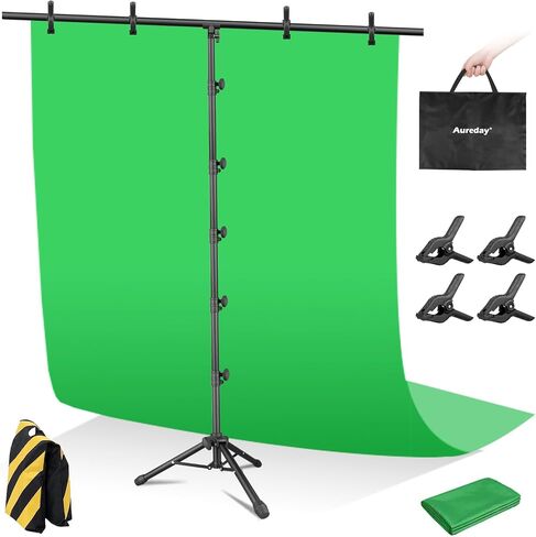 Aureday 8x5FT T-Shape Green Screen Backdrop Stand, Adjustable Backdrop Stand Kit with Horizontal Pole, 4 Spring Clamps, Sandbag, and Black Carrying Bag for Parties/Wedding/Photography/Decoration in Saudi Arabia