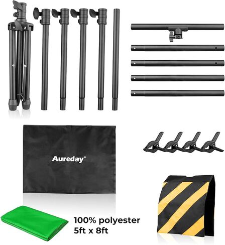 Aureday 8x5FT T-Shape Green Screen Backdrop Stand, Adjustable Backdrop Stand Kit with Horizontal Pole, 4 Spring Clamps, Sandbag, and Black Carrying Bag for Parties/Wedding/Photography/Decoration in Saudi Arabia