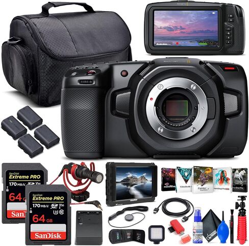 كاميرا سينما الجيب Blackmagic Design بدقة 4K (CINECAMPOCHDMFT4K) + شاشة 4K + بطاقة ذاكرة سعة 2 × 64 جيجابايت + 3 بطاريات LPE6 + شاحن خارجي + قارئ بطاقات + ضوء LED + برنامج Corel للصور + المزيد in Saudi Arabia