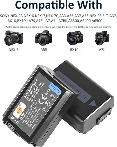بطارية DSTE عبوتان NP-FW50 + شاحن مزدوج سريع متوافق مع Sony ZV-E10، A6000، A6100، A6300، A6400، A6500، A7، A7 II، A7S، A7S II، A7R، A7R II، NEX-7، NEX-6 آلة تصوير in Saudi Arabia