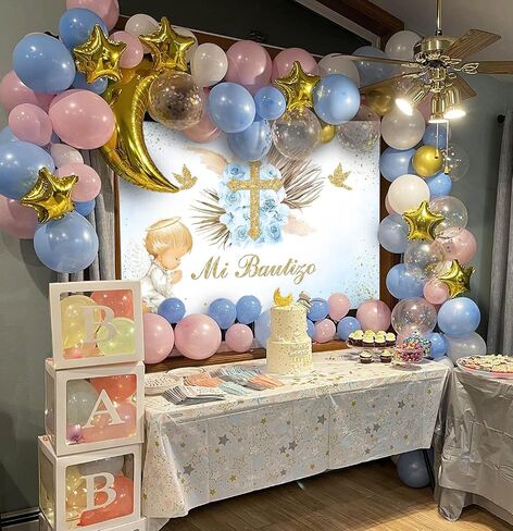 Avezano Mi Bautizo Backdrop Boho Baptism Party Decorations for Boy Blue Floral Angel God Bless Photography Background Christening Newborn Baby Shower Props(6x4ft) in Saudi Arabia