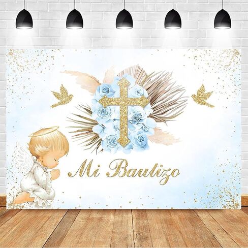 Avezano Mi Bautizo Backdrop Boho Baptism Party Decorations for Boy Blue Floral Angel God Bless Photography Background Christening Newborn Baby Shower Props(6x4ft) in Saudi Arabia