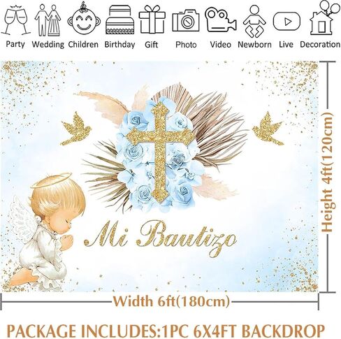 Avezano Mi Bautizo Backdrop Boho Baptism Party Decorations for Boy Blue Floral Angel God Bless Photography Background Christening Newborn Baby Shower Props(6x4ft) in Saudi Arabia