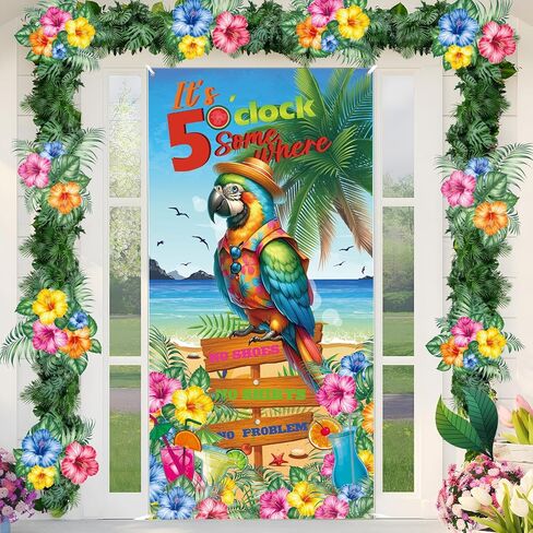 Summer Door Banner Decorations Hawaiian Beach Door Cover Tropical Parrot Door Sign It's 5 O'clock Somewhere Photo Background for Hawaii Luau Party Decorations Baby Shower Supplies Indoor Outdoor Decor in Saudi Arabia