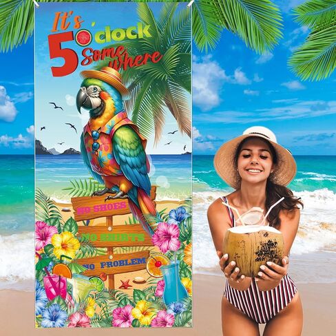 Summer Door Banner Decorations Hawaiian Beach Door Cover Tropical Parrot Door Sign It's 5 O'clock Somewhere Photo Background for Hawaii Luau Party Decorations Baby Shower Supplies Indoor Outdoor Decor in Saudi Arabia